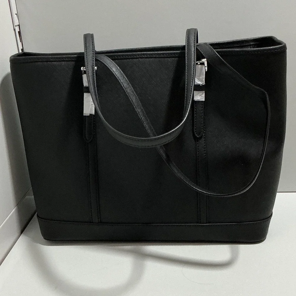 Michael Kors Charlotte Large Top Zip Tote Black Saffiano Leather Silver Hardware